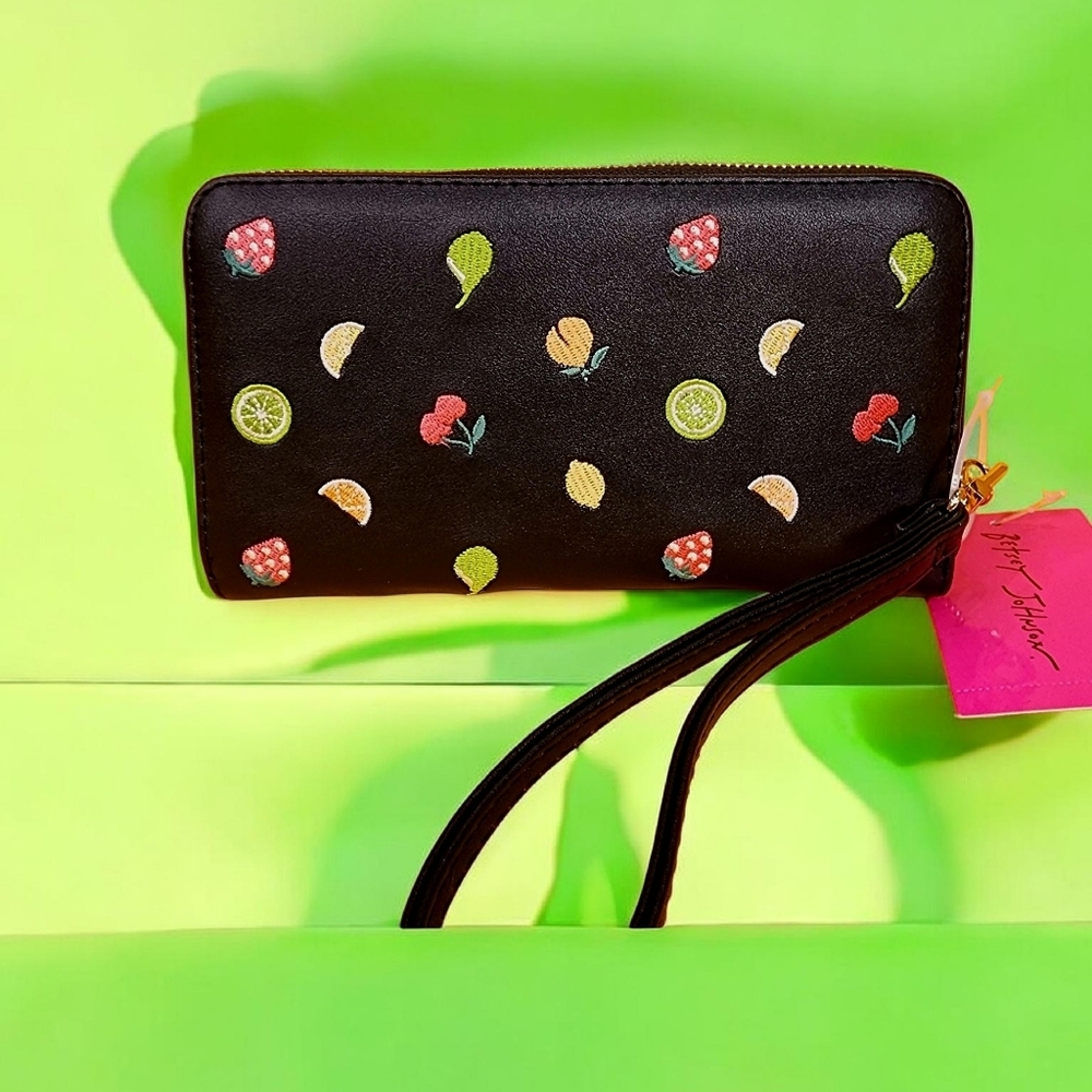 NEW Betsey Johnson Black Fruit Cherry Embroidered Wallet Wristlet Zip Around NWT - Picture 3 of 5